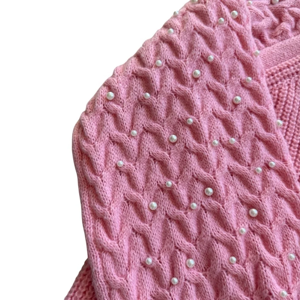BiBi Women's Pink Pearl Beaded Cardigan Sweater Size L Balloon Sleeve Knit Cozy